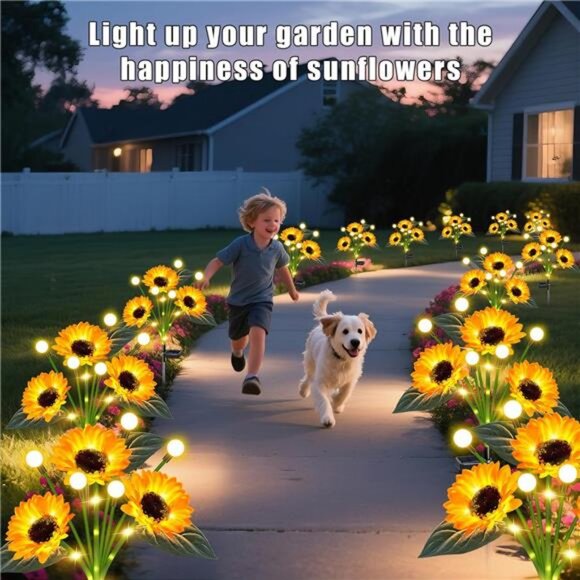 Solar Lights Outdoor Garden Decor,Upgraded 4 Pack Solar Sunflowers with Firefly - Picture 4 of 7